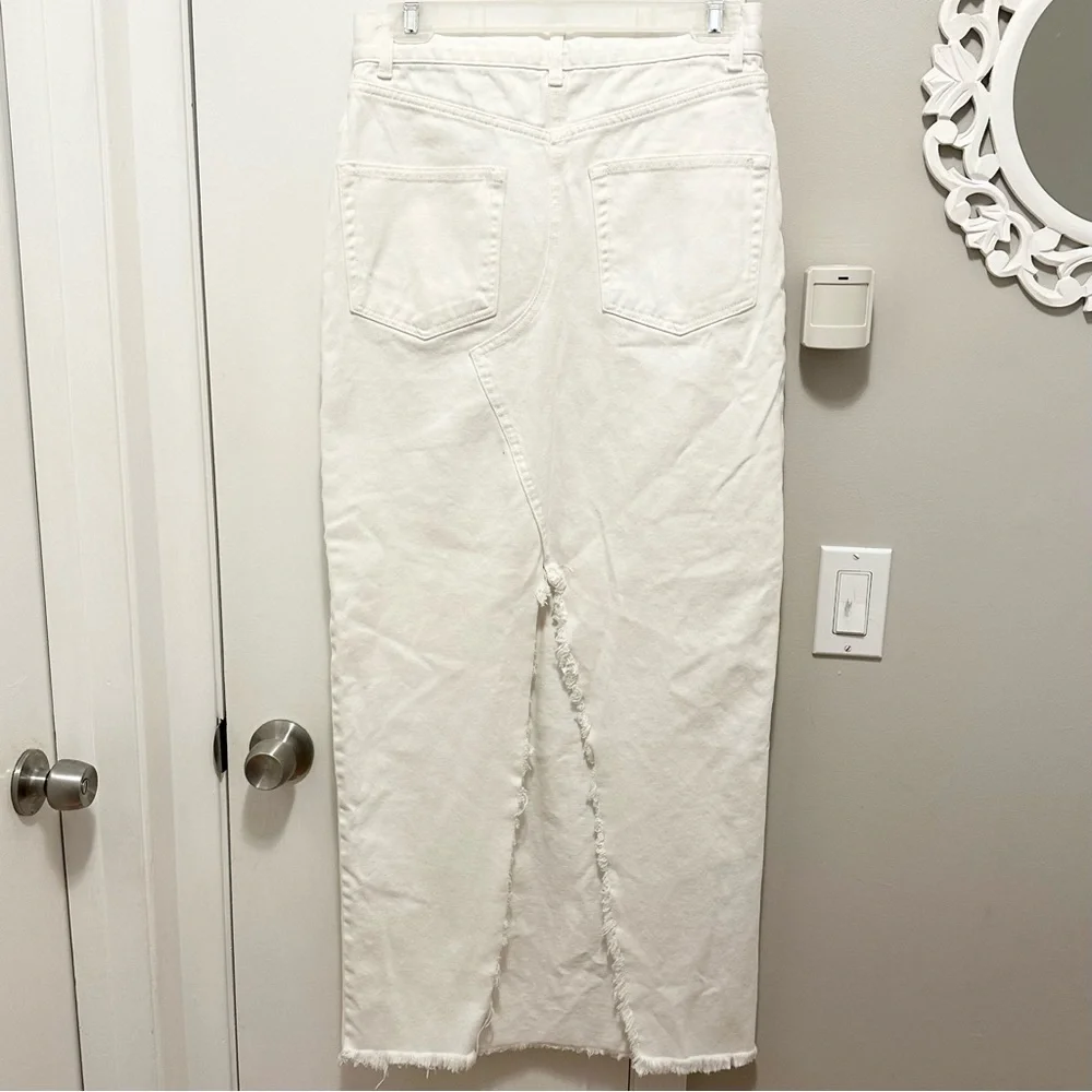 RAEY Off White Denim Maxi Skirt 6 Organic Cotton Split Back Cut Out Raw Hem